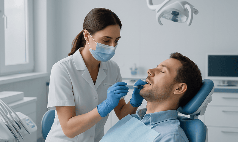 Dentist examining patient's teeth in a modern dental clinic.