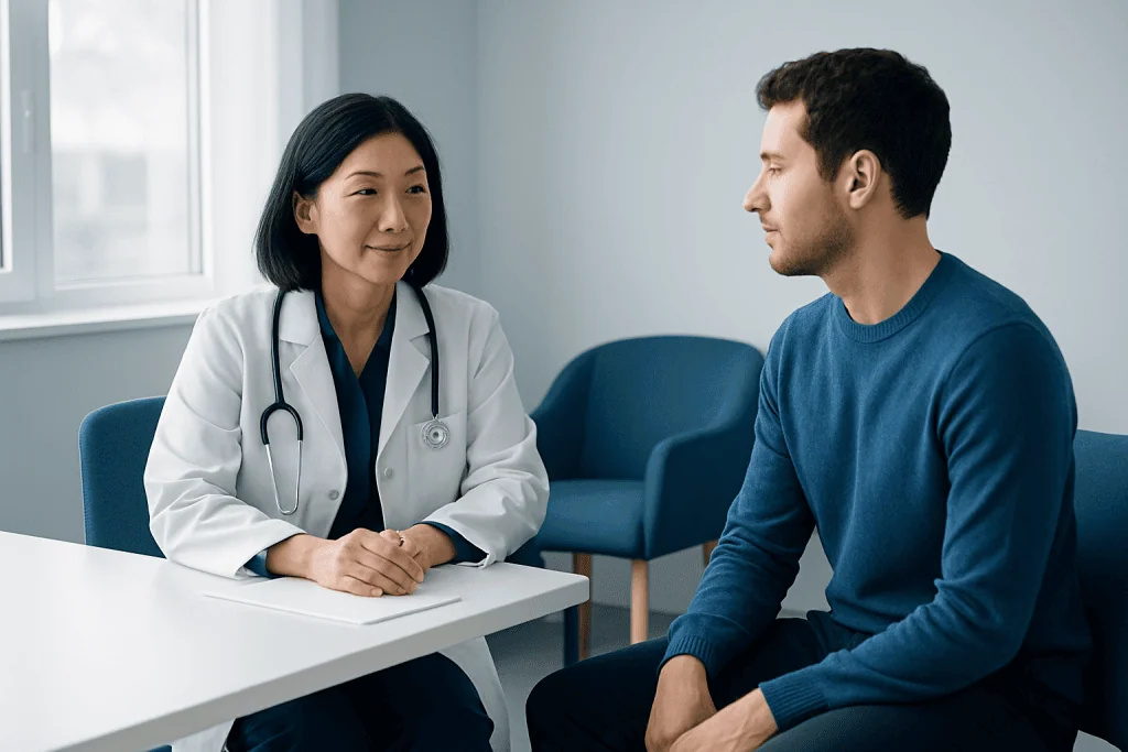 Doctor consulting with a male patient in a medical office.