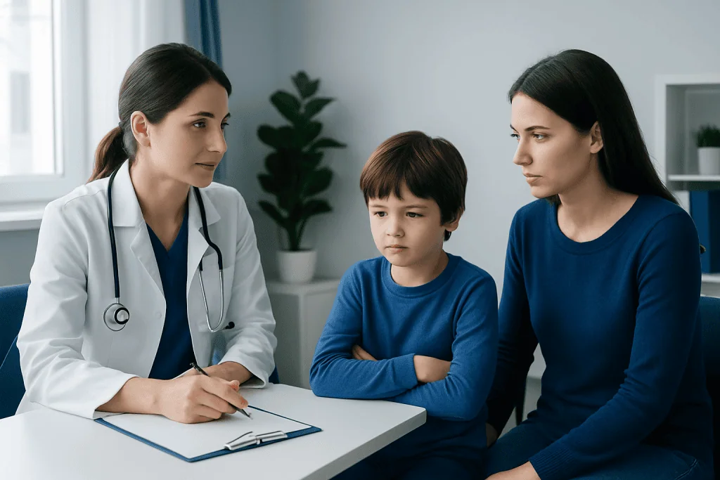 Doctor consulting with mother and child in a medical office.