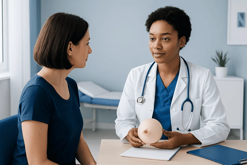 Doctor explaining breast self-exam procedure to a patient in a clinical setting.