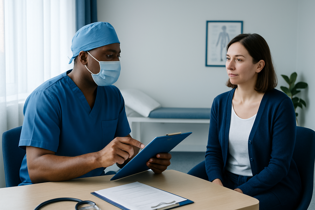 Doctor consulting with patient in a hospital room.