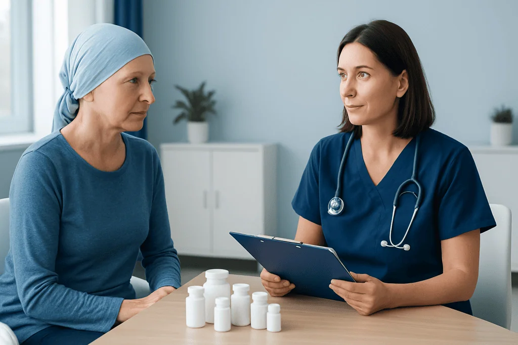 Oncologist consulting with a patient in a medical office setting.