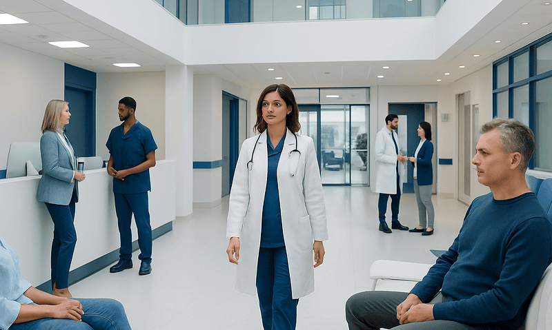Medical professionals and patients in a modern hospital corridor.