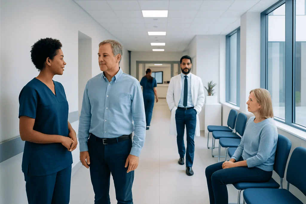 Bends: What Patients Need to Know 1 Medical professionals and patient in hospital corridor at Acibadem Hospitals Group.