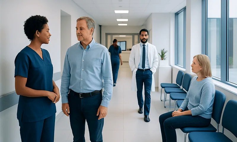 Medical professionals and patient in hospital corridor at Acibadem Hospitals Group.