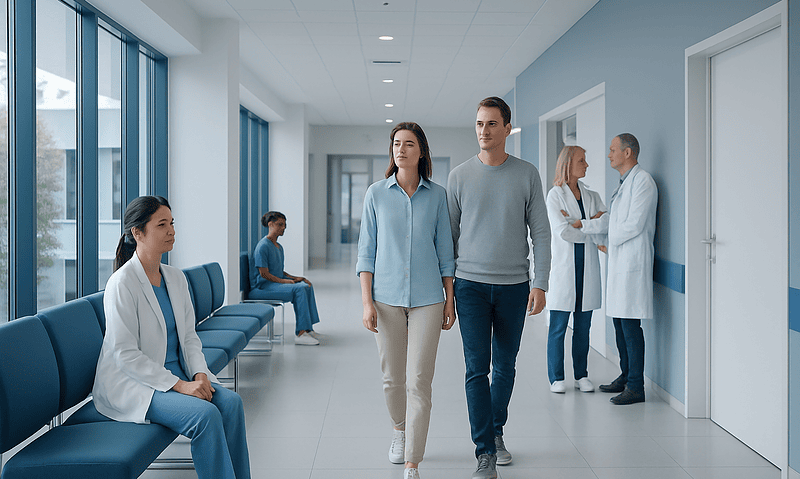 Patients walking in a modern hospital corridor with medical staff nearby.