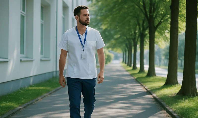 Healthcare professional walking outdoors on a sunny day with trees.