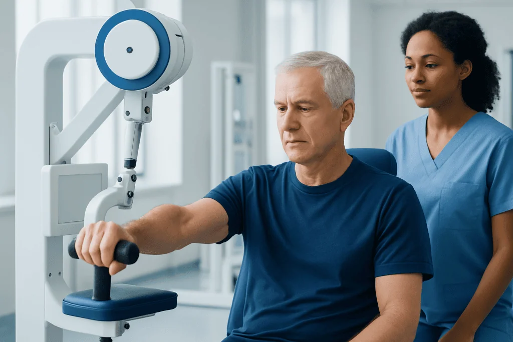 Senior man performing shoulder exercise with robotic arm assistance in rehab.