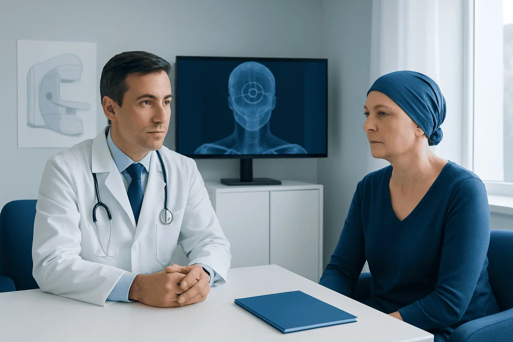 Doctor consulting with a patient in a medical office with brain scan on screen.
