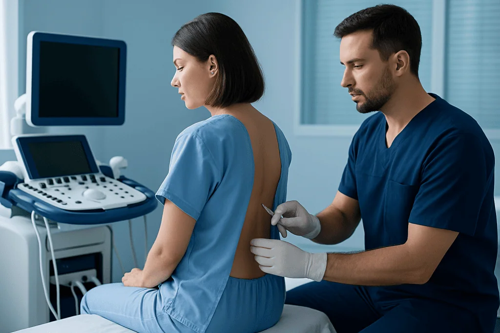 Doctor administering epidural anesthesia to a patient in a hospital setting.
