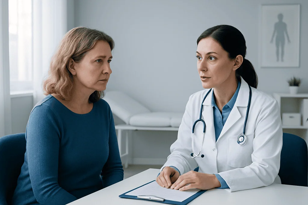 Doctor consulting with a middle-aged woman in a medical office setting.