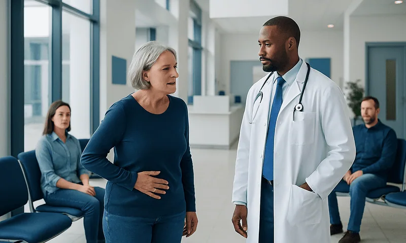 Doctor consulting with an elderly woman in a hospital waiting area.