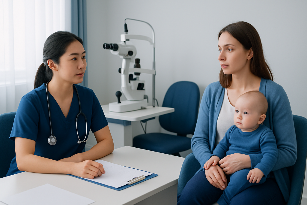Pediatric consultation at Acibadem Hospital with doctor and mother with baby.