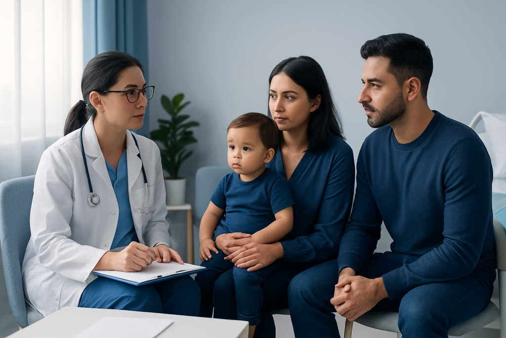 Doctor consulting with a family in a medical office setting.