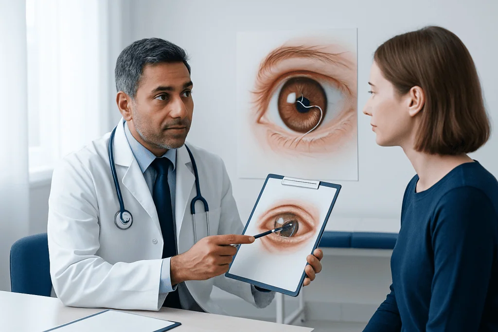 Ophthalmologist explaining eye health to a patient with eye images in background.