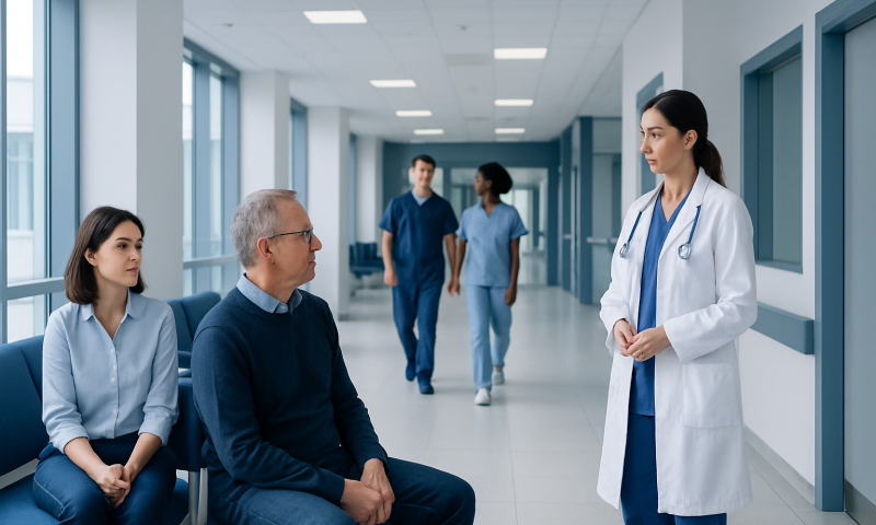 Doctor consulting with elderly patient in hospital corridor.