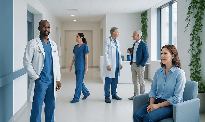 Medical staff and patient in hospital corridor at Acibadem Hospitals Group.