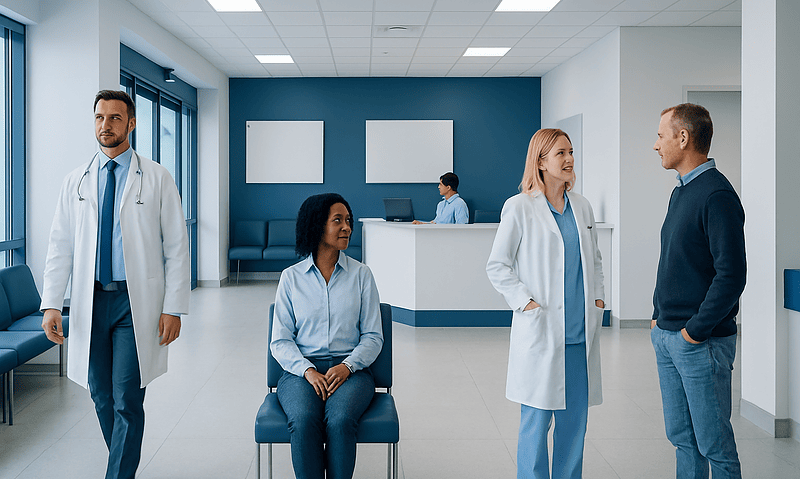 Medical professionals and patient in a hospital waiting area.