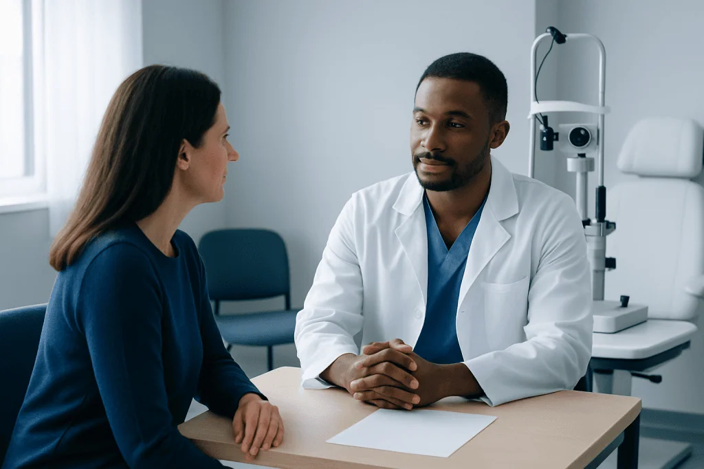 Doctor consulting with a patient in a medical office setting.
