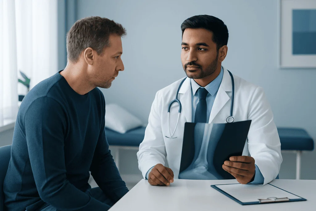 Doctor explaining X-ray results to a patient in a hospital setting.