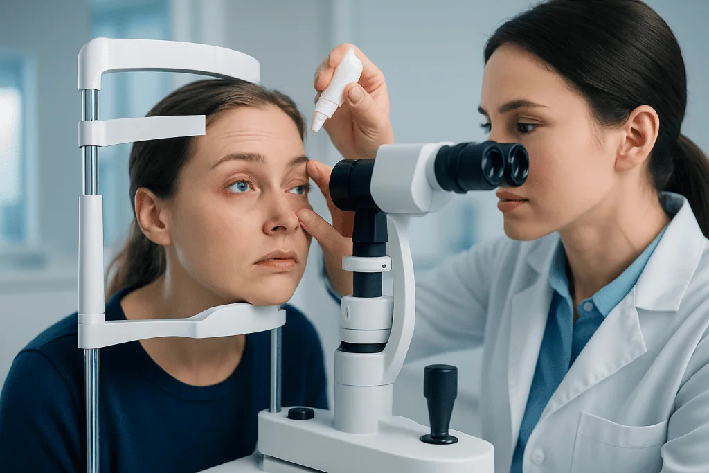 Ophthalmologist examining patient's eye with slit lamp microscope.