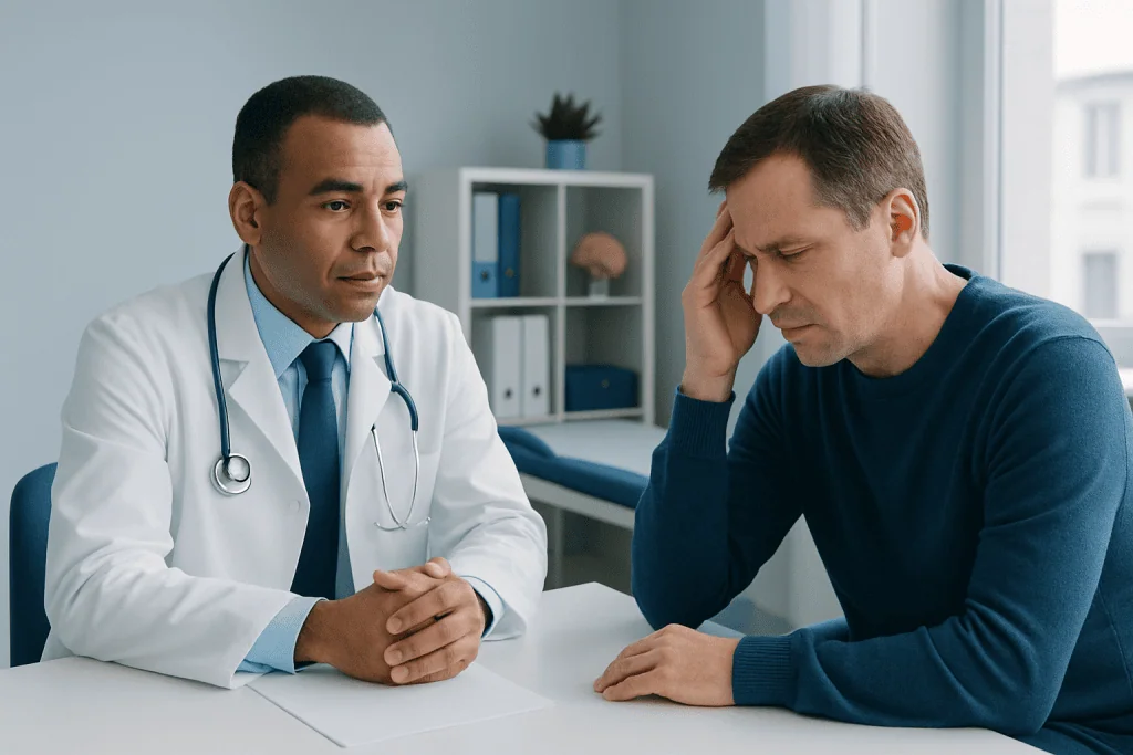 Doctor consulting with a patient about pituitary apoplexy treatment options.