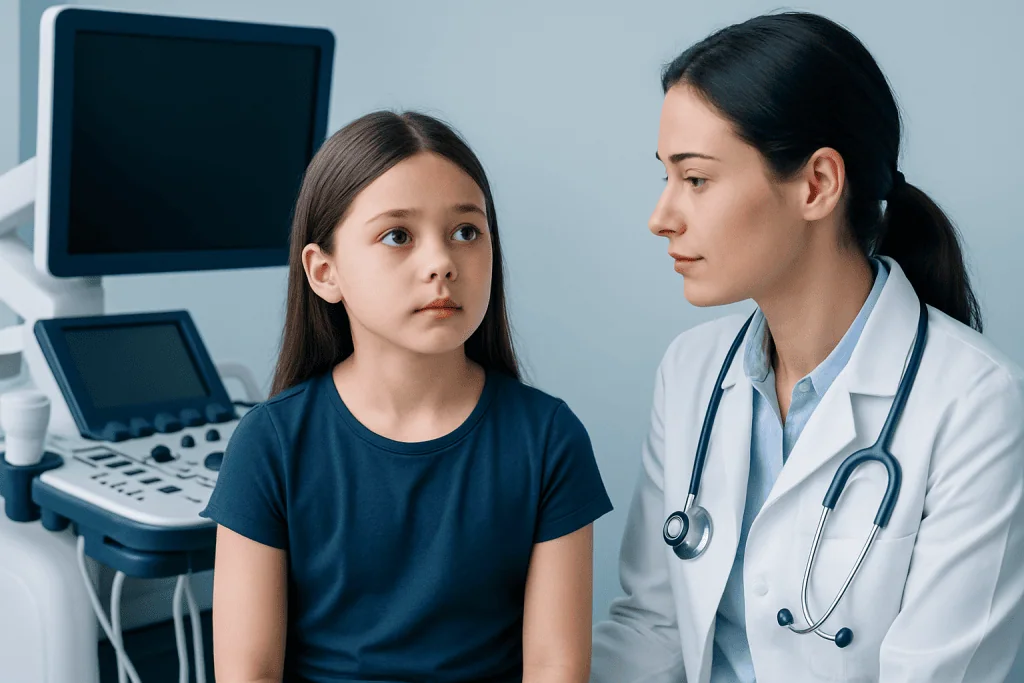 Pediatric doctor consulting young girl in a medical examination room.