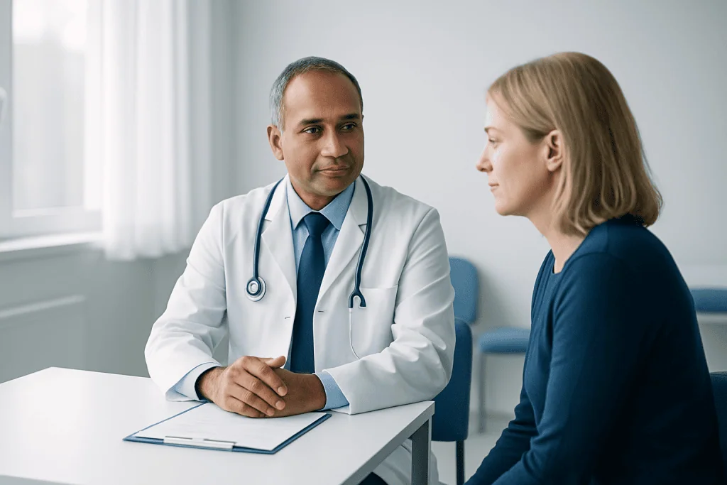 Doctor consulting with a female patient in a medical office.