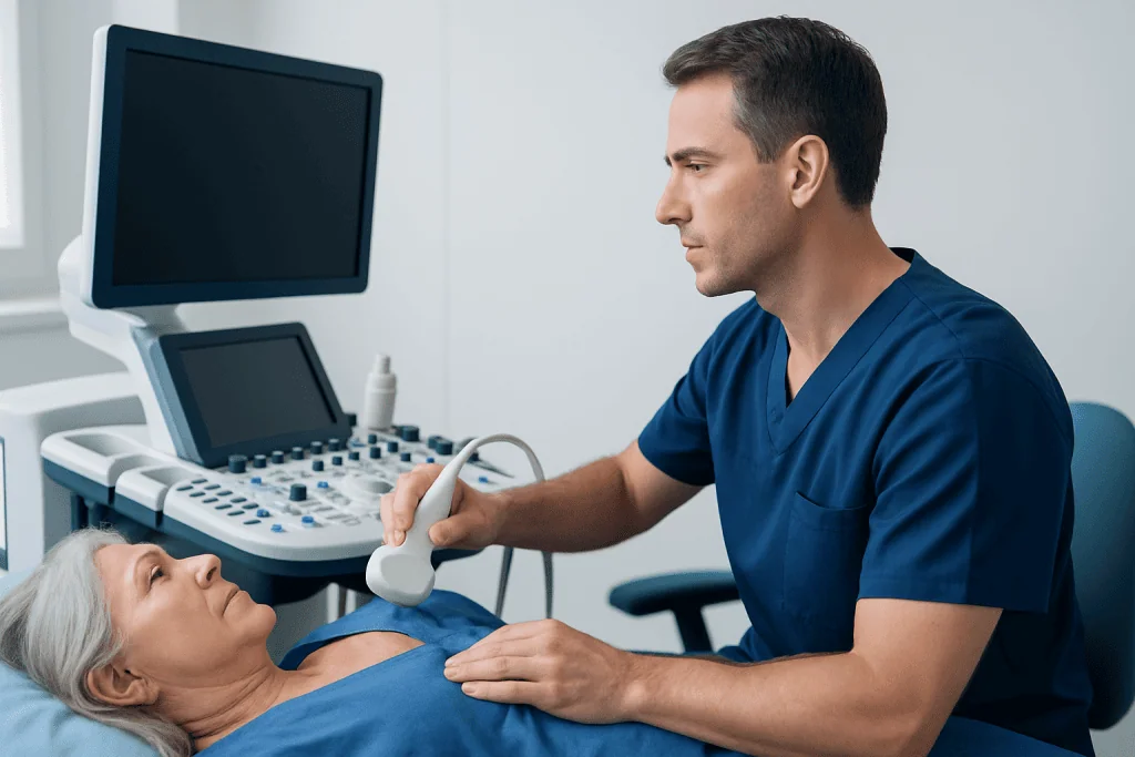 Cardiologist performing an ultrasound on an elderly woman in a medical clinic.