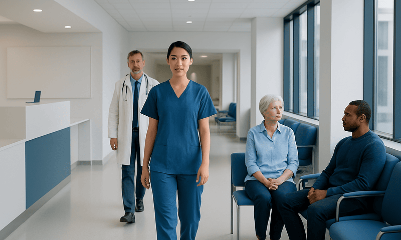 Healthcare professionals and patients in a modern hospital waiting area.