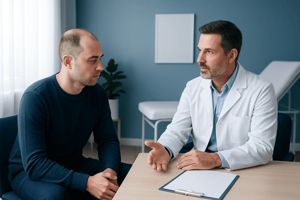 Doctor consulting with patient about hair transplant recovery process.