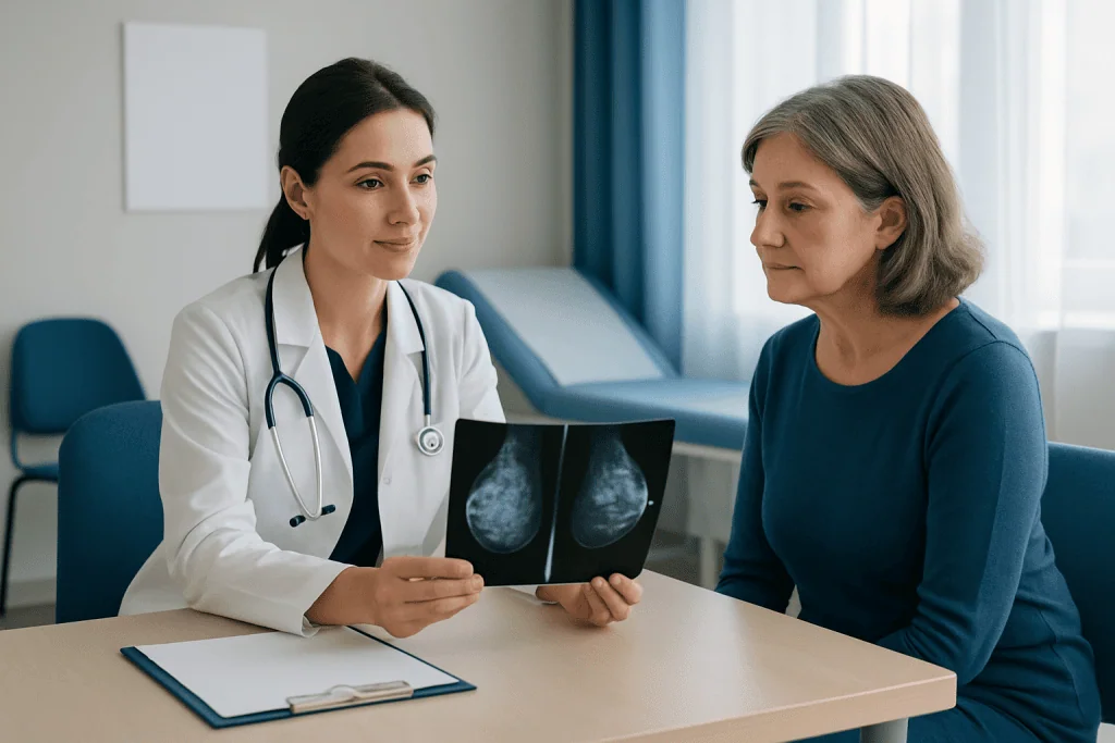 Doctor explaining mammogram results to a patient in a clinical setting.