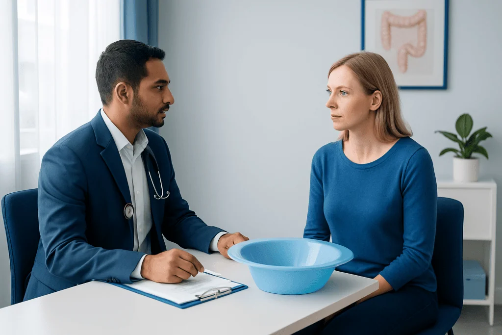 Doctor consulting female patient about Sitz Bath procedure in clinic.