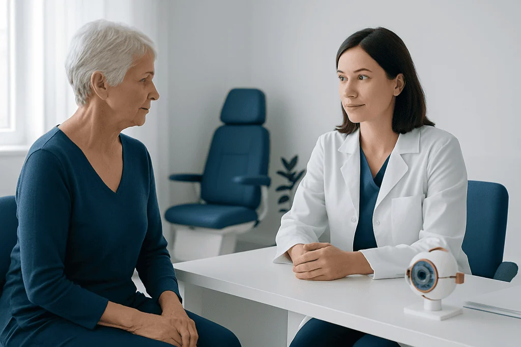 Ophthalmologist consulting elderly patient about eye health in clinic.