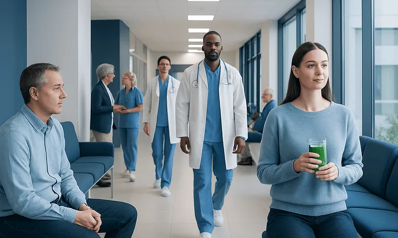 Healthcare professionals and patients in a hospital corridor at Acibadem Hospitals Group.