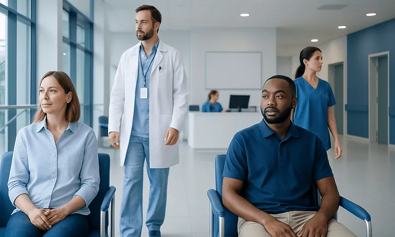 Diverse group of patients and healthcare professionals in a modern hospital waiting area.