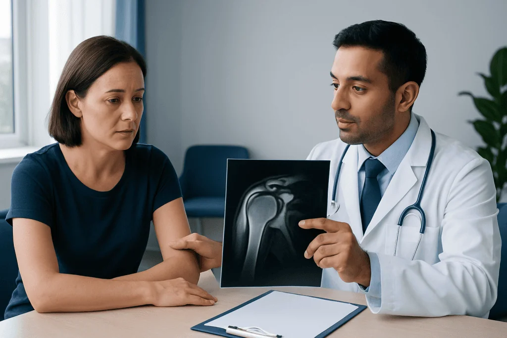 Doctor explaining shoulder MRI results to a patient in consultation room.