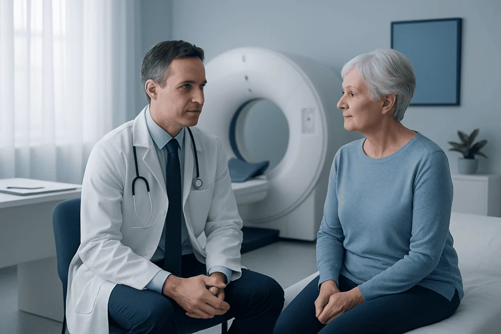 Doctor consulting with elderly patient in hospital room near CT scanner.