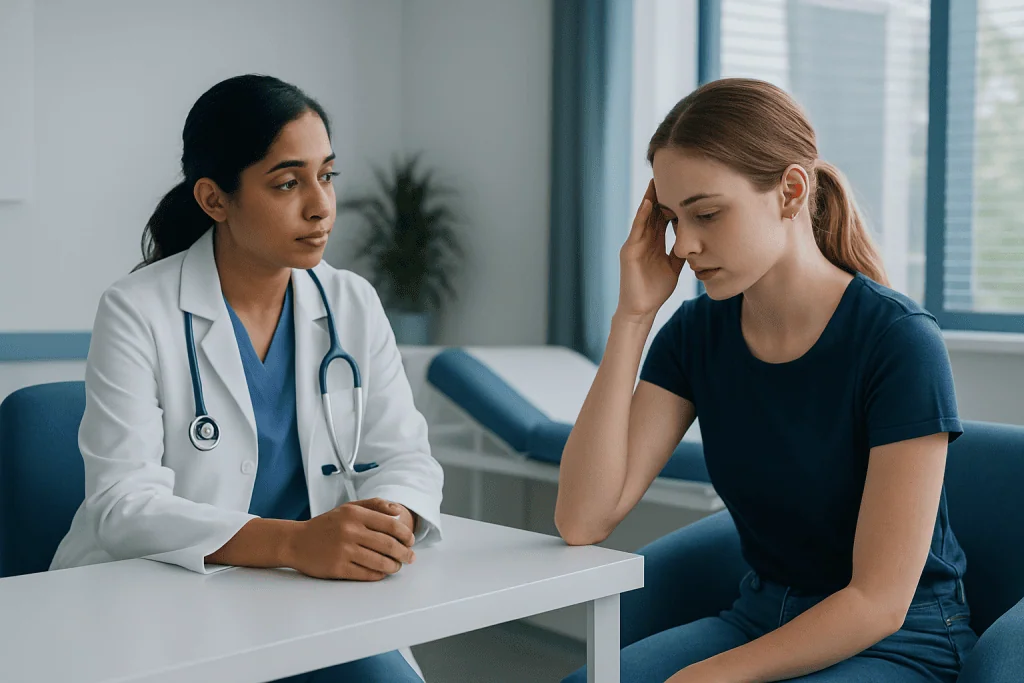 Doctor consulting with a patient about migraines in a clinical setting.