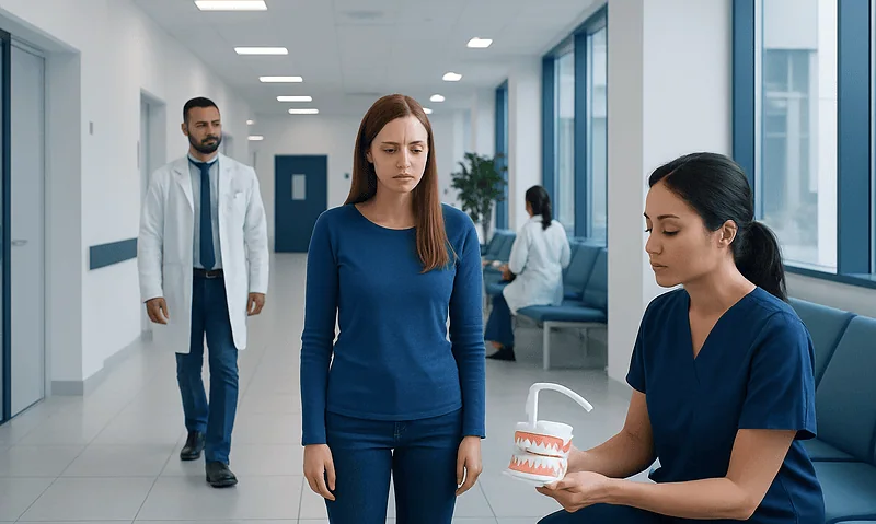 Patient consulting with dental professional in hospital corridor.