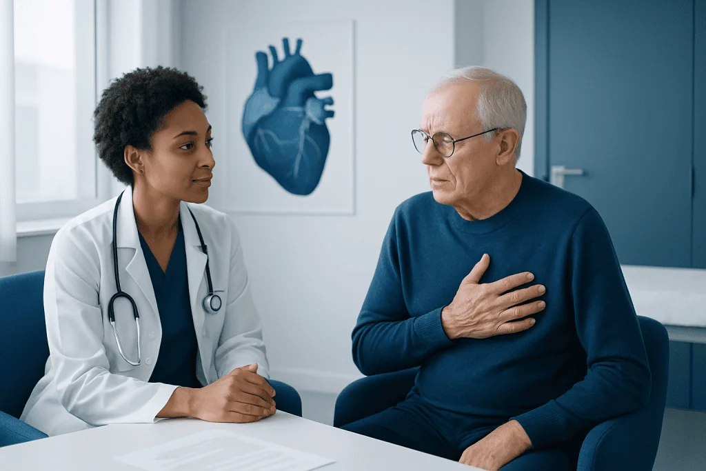Doctor consulting with elderly patient about heart health in clinic.
