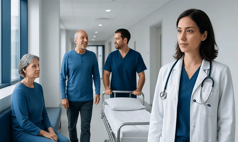 Medical team consulting with patient in hospital corridor.