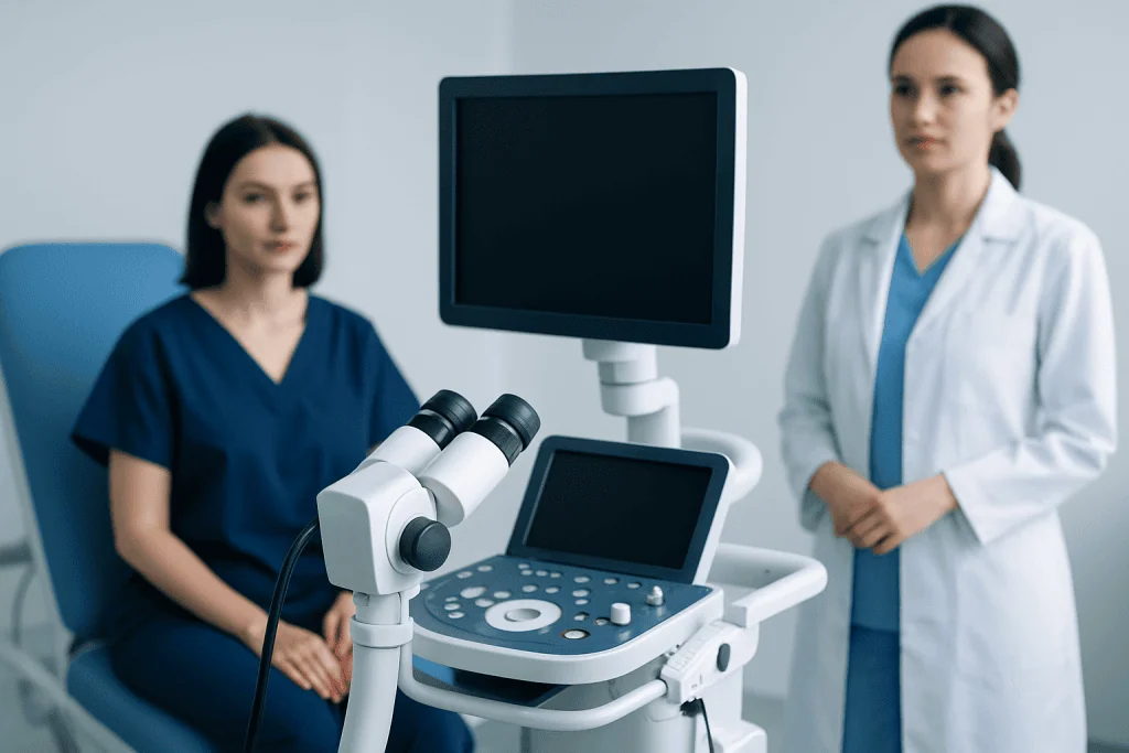 Medical examination room with ultrasound device and healthcare professionals.