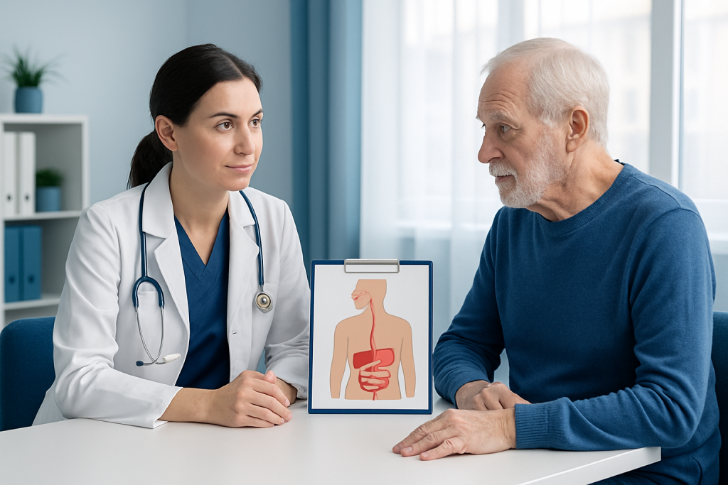 Doctor explaining gastrointestinal system to elderly patient in clinic.