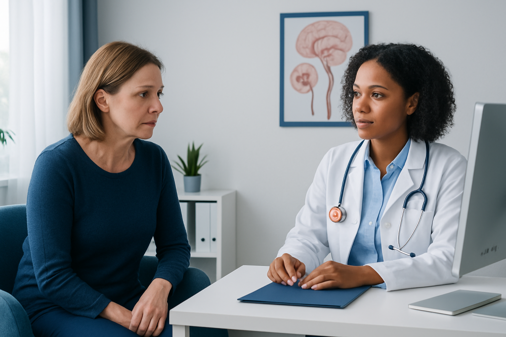 Doctor consulting with patient about eye aneurysm treatment options.