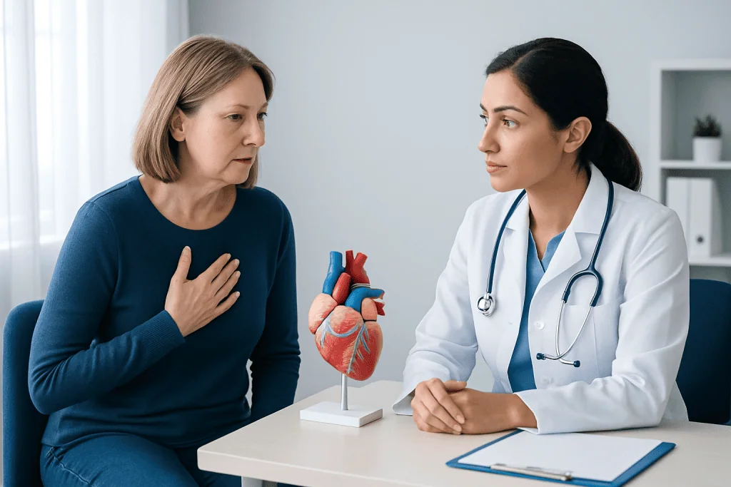 Doctor explaining heart valve issues to a patient with a model of the heart.