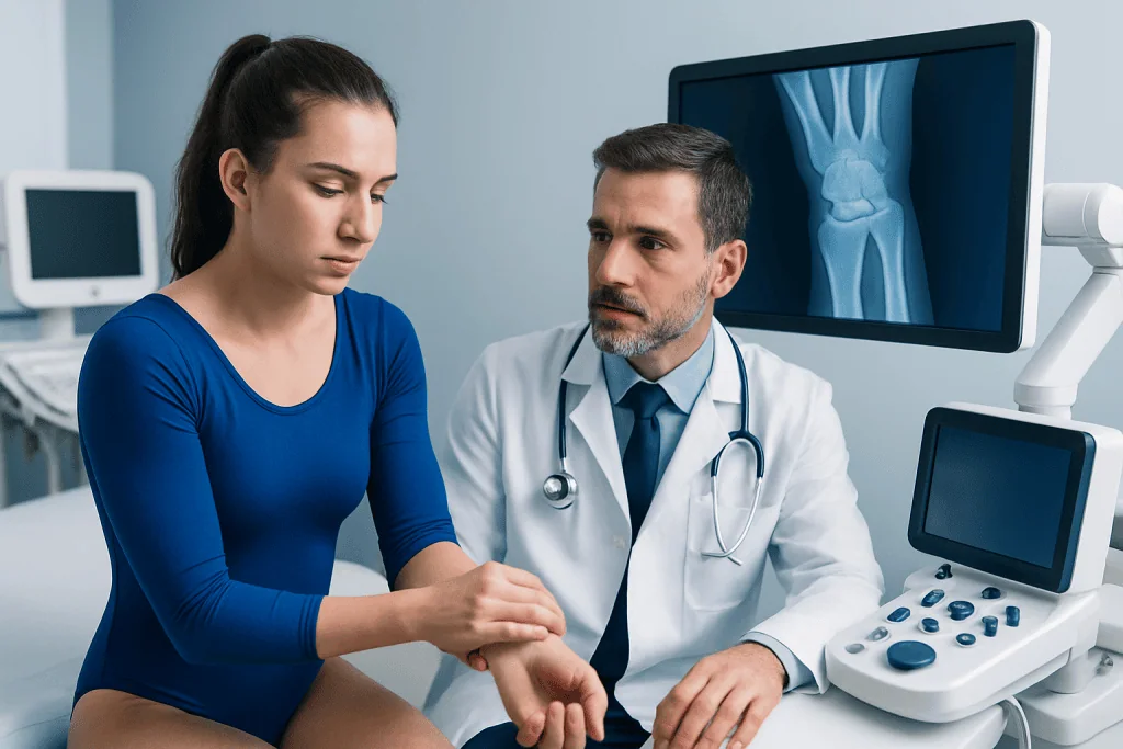 Doctor examining patient's wrist with ultrasound in clinic.