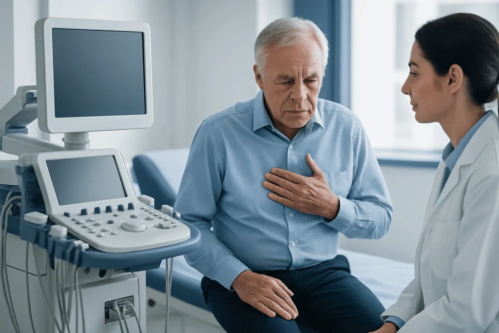 Doctor examining a senior male patient with an ultrasound machine in a hospital room.