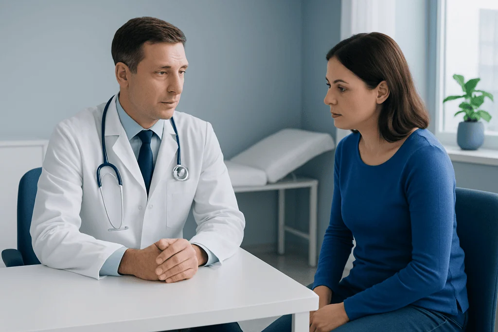 Doctor consulting female patient in a medical office setting.