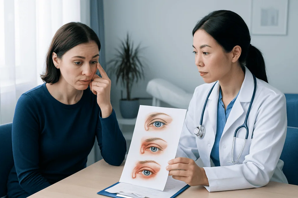 Ophthalmologist explaining eye conditions to patient with eye images.